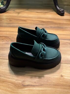 Call It Spring Dark Green Chain-Accent Platform Loafers